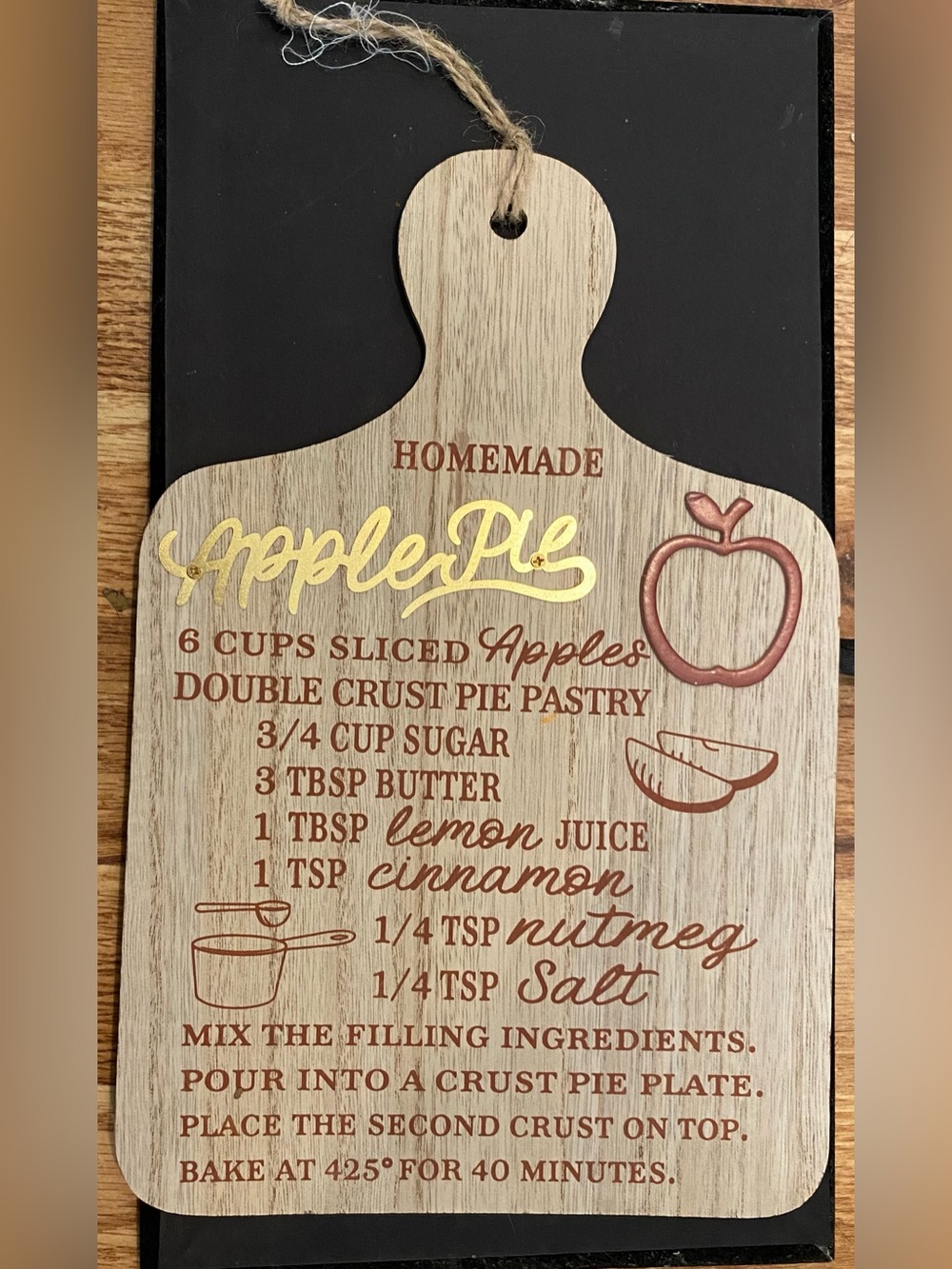 Source Unknown Natural Wood Apple Pie Recipe Hanging Board with Gold Script NWOT